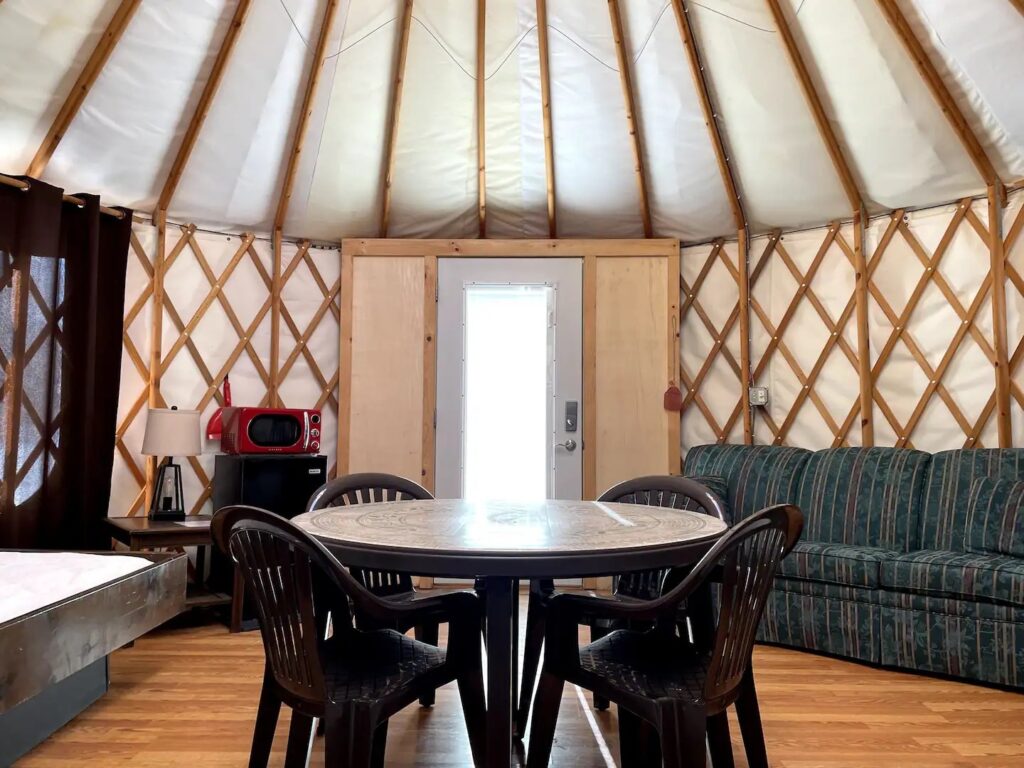 Yurt interior with beds